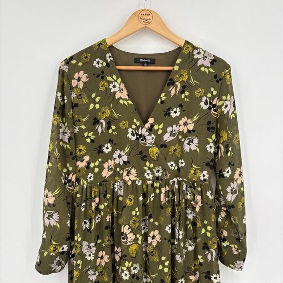 Madewell Cinch-Waist Tiered Midi Dress Sz XS Green Floral Peasant Boho - Picture 6 of 12